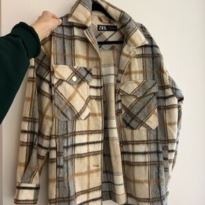 Zara Checkered Shirt Jacket in Cream and Brown
